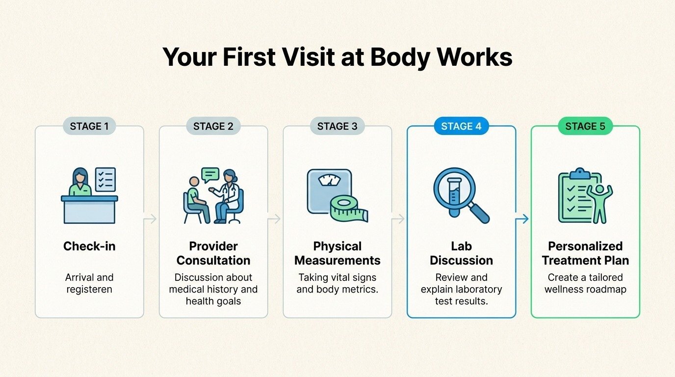Step by step flow of a first medical weight loss appointment from check in through treatment plan