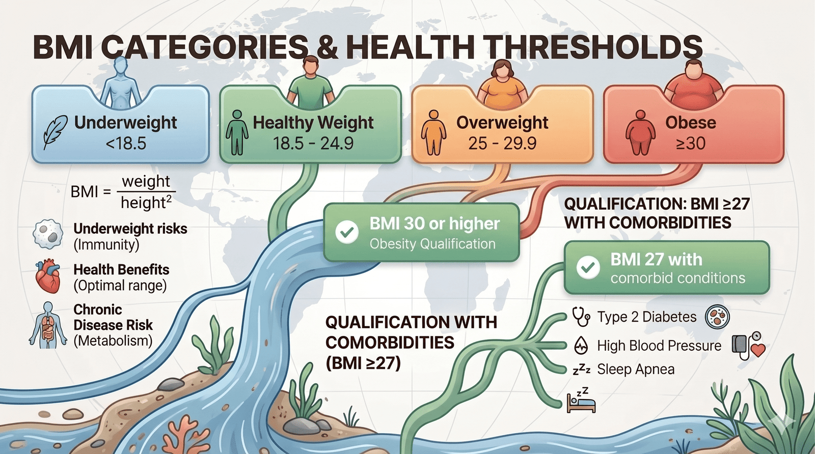 Chart showing BMI thresholds of 30 and 27 that qualify adults for semaglutide weight loss treatment