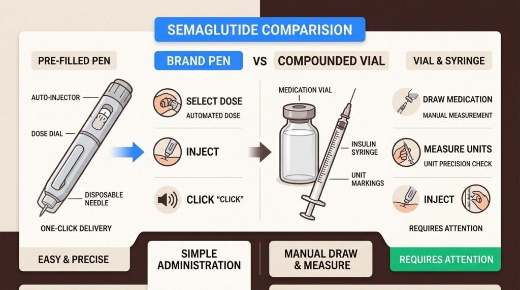 Difference between automated pen dosing and compounded vial dosing showing the higher risk of measurement errors with vials