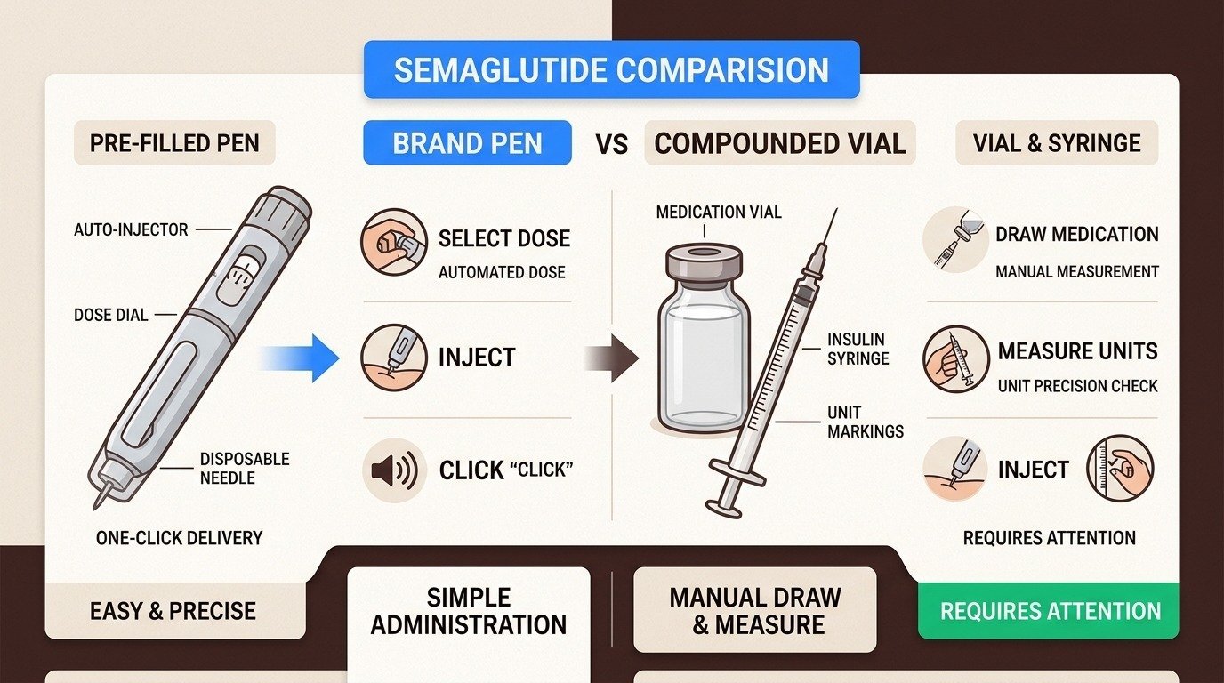 Difference between automated pen dosing and compounded vial dosing showing the higher risk of measurement errors with vials