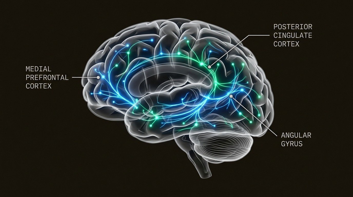 Diagram showing the Default Mode Network in the brain and how it becomes fixated on food-related thoughts