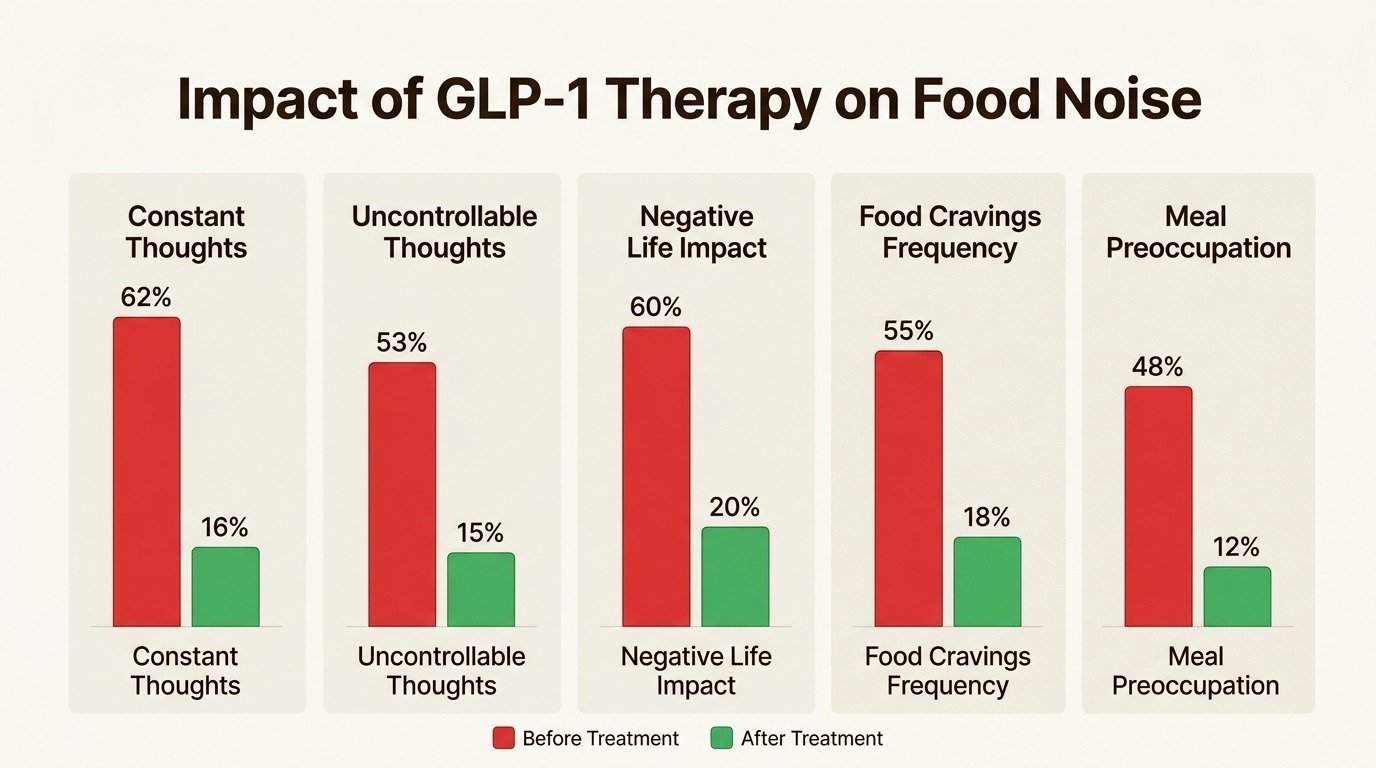 Bar chart showing dramatic reduction in food noise metrics after GLP-1 treatment from the 2025 EASD study