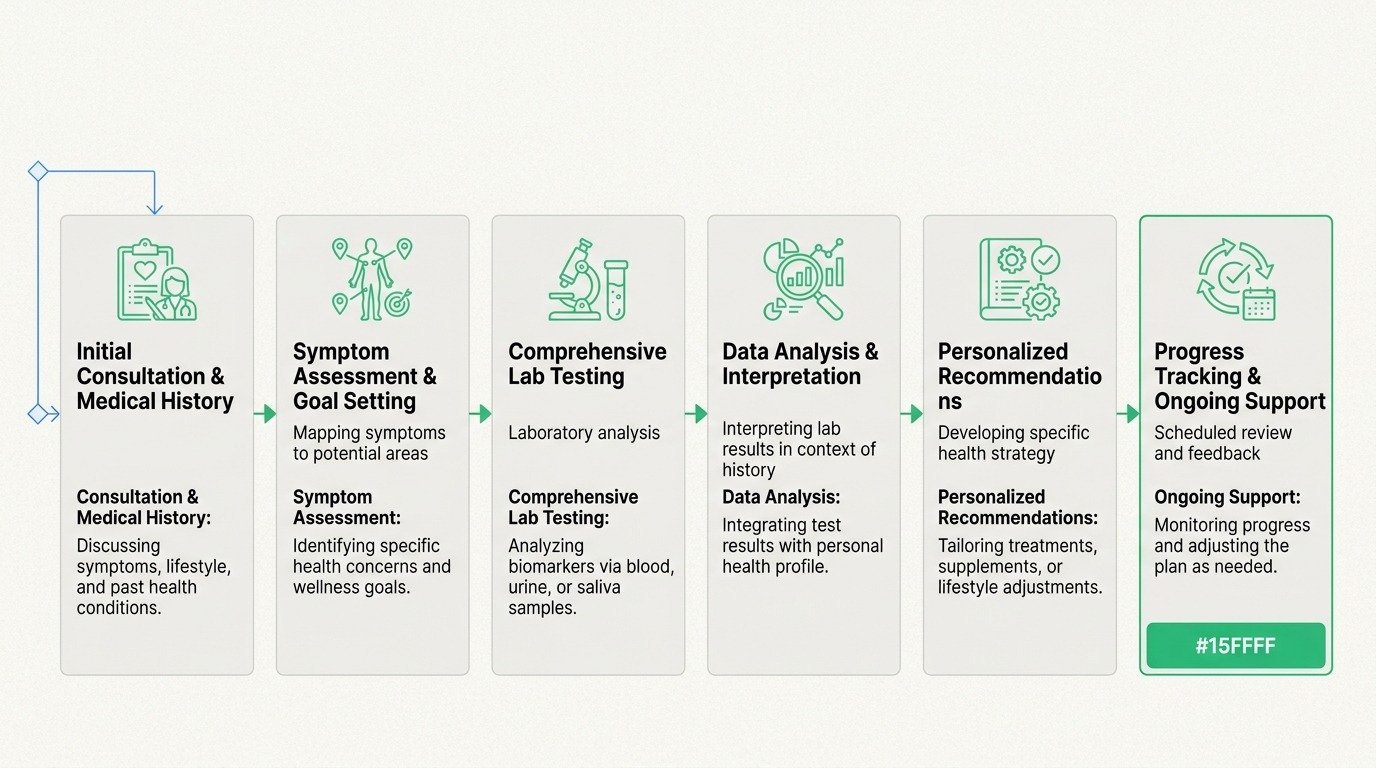 Six step semaglutide candidate evaluation process at Body Works covering history, exam, labs, and treatment plan
