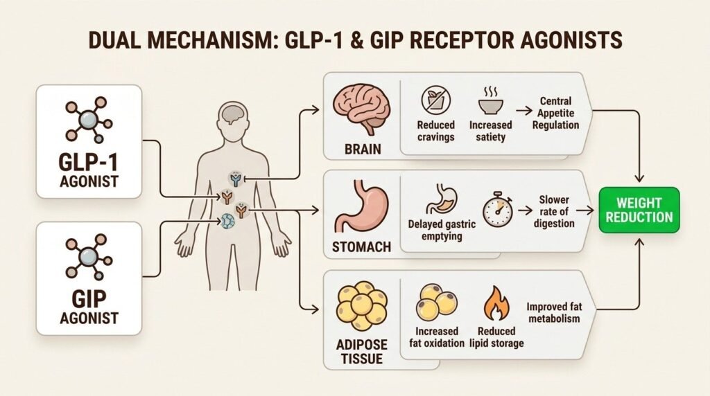 GLP-1 and GIP dual agonists working synergistically to regulate appetite, slow digestion, and enhance fat metabolism