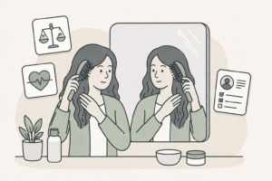 Cartoon illustration of a woman at a mirror noticing hair shedding while on GLP-1 medication