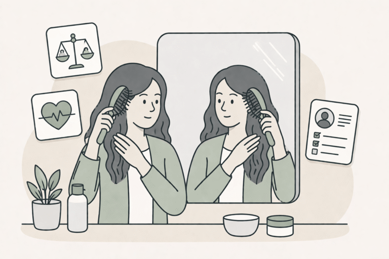Cartoon illustration of a woman at a mirror noticing hair shedding while on GLP-1 medication