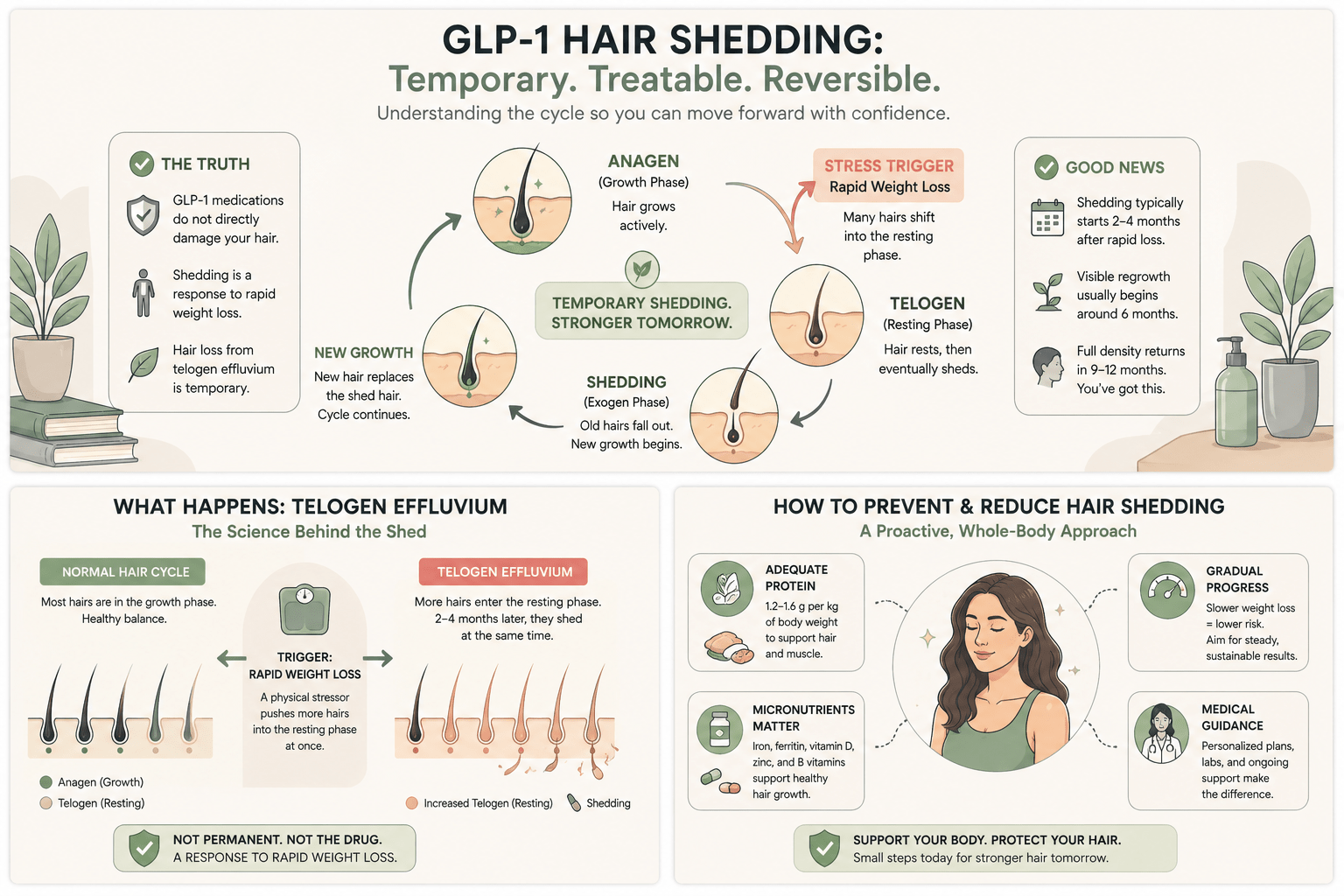 Infographic explaining the GLP-1 hair shedding cycle, telogen effluvium science, and prevention strategies