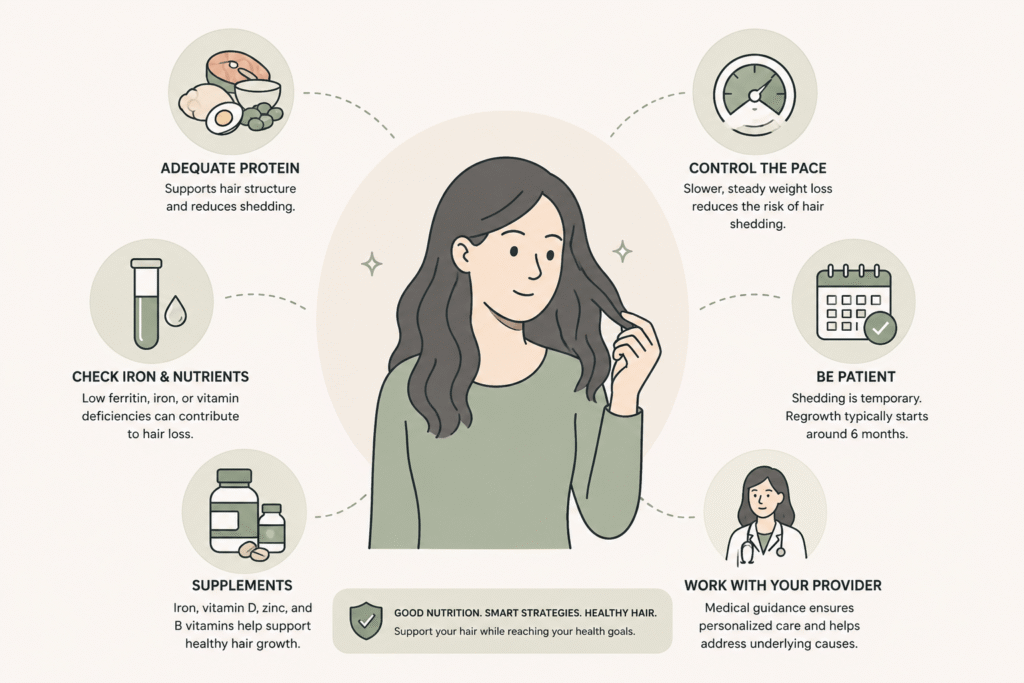 Six prevention tactics for GLP-1 hair shedding: adequate protein, iron and nutrients, supplements, gradual weight loss, patience, and medical guidance