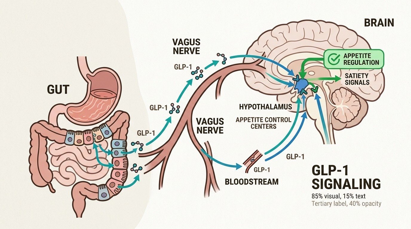 Diagram showing how GLP-1 medications send satiety signals from the gut to the brain through the vagus nerve