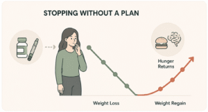 Cartoon illustration of a woman watching her weight climb back after stopping a GLP-1 medication without a maintenance plan