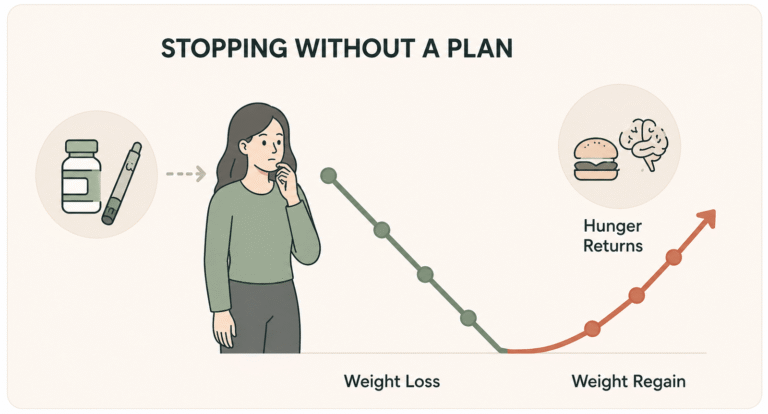 Cartoon illustration of a woman watching her weight climb back after stopping a GLP-1 medication without a maintenance plan