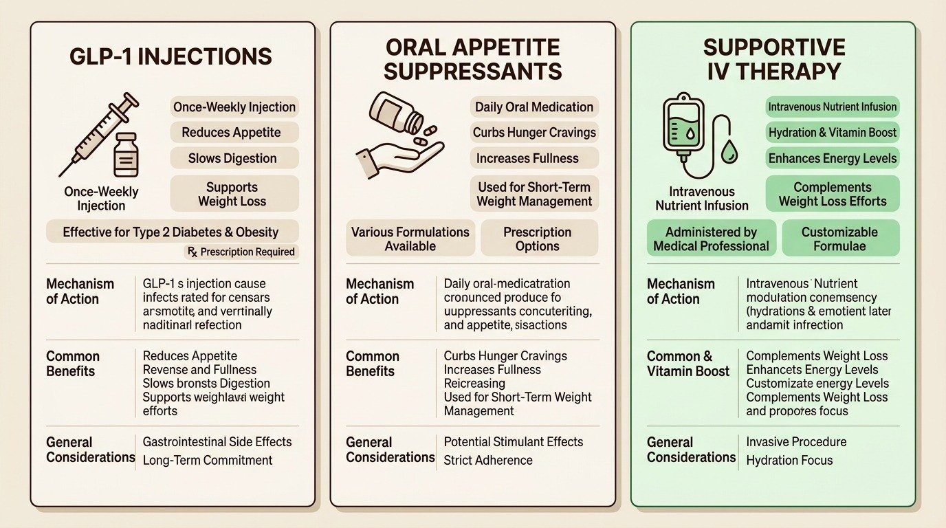 GLP-1 medication injection pen alongside supportive therapy elements for comprehensive weight loss care
