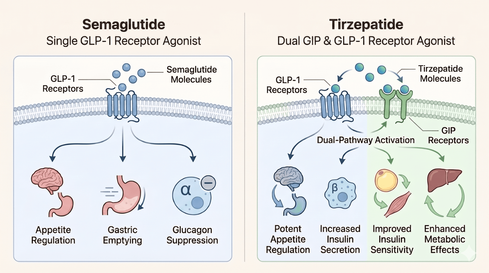 Diagram comparing single-receptor GLP-1 activity with dual GLP-1 and GIP receptor targeting