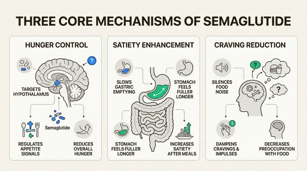 How semaglutide works in the body to naturally reduce hunger, increase satiety, and quiet intrusive food thoughts