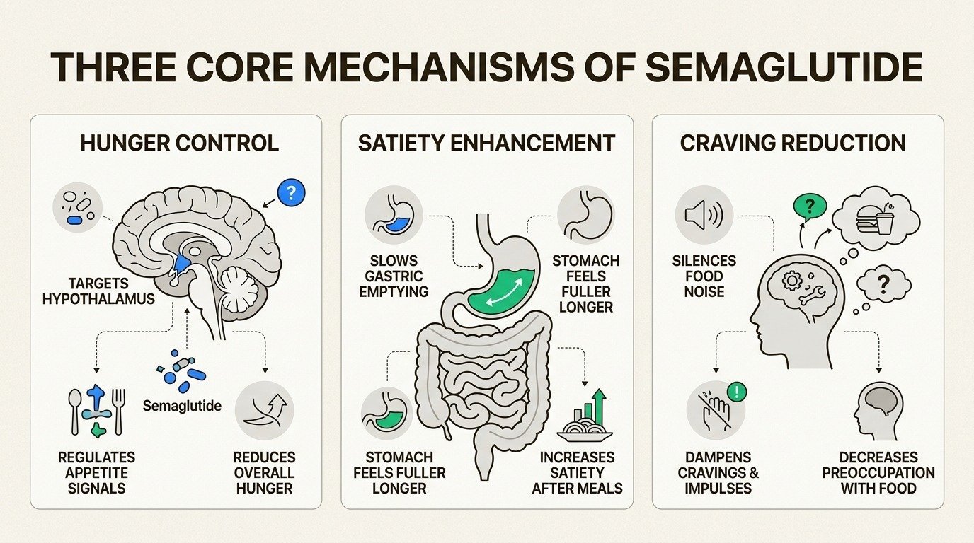 How semaglutide works in the body to naturally reduce hunger, increase satiety, and quiet intrusive food thoughts