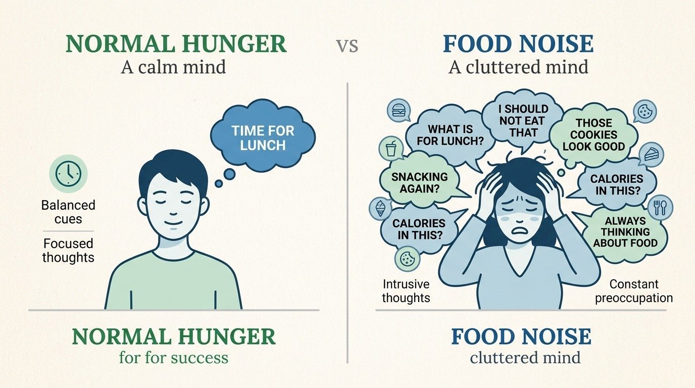 Visualization comparing physical hunger signals with the overwhelming mental chatter of food noise