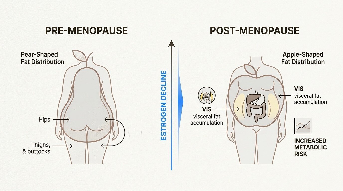How menopause-driven estrogen decline shifts fat storage to the abdomen, increasing visceral fat and health risks