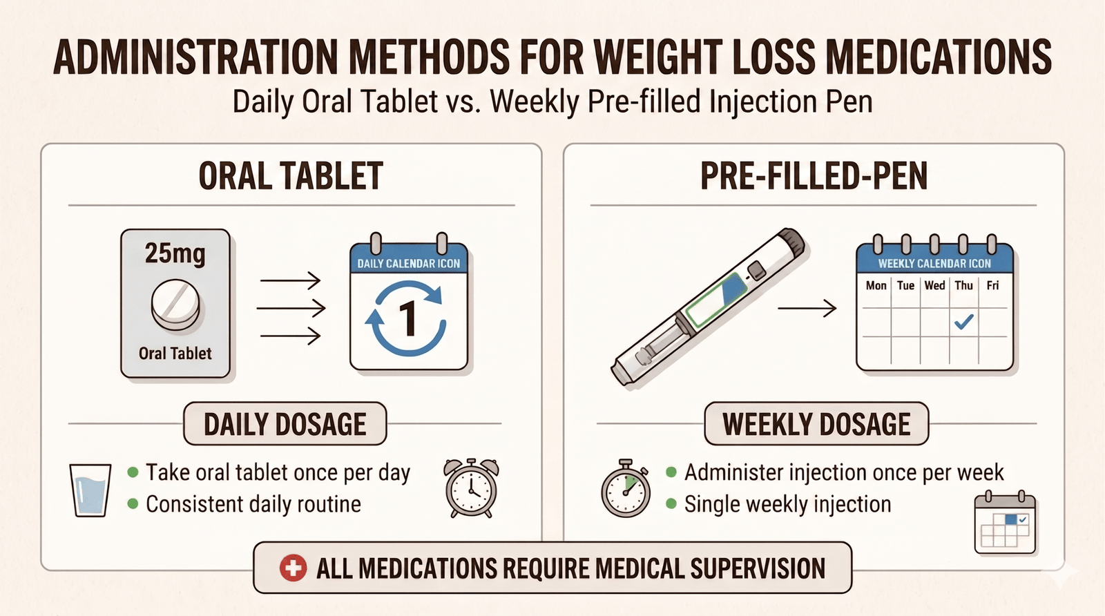 Daily oral tablet and weekly injection pen representing two administration options for GLP-1 weight loss treatment