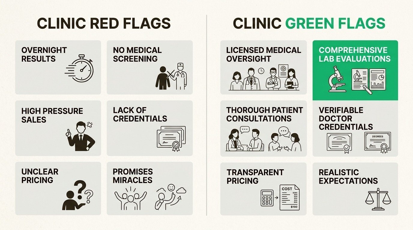 Warning signs showing red flag indicators of low quality medical weight loss clinics to avoid