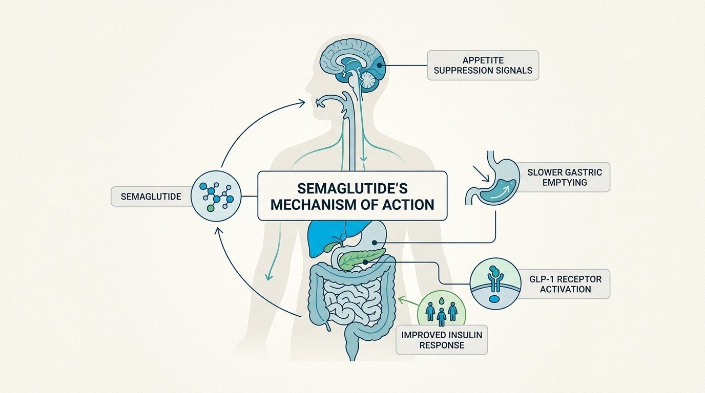 Diagram showing how semaglutide acts on the brain and stomach to reduce hunger and improve metabolic health