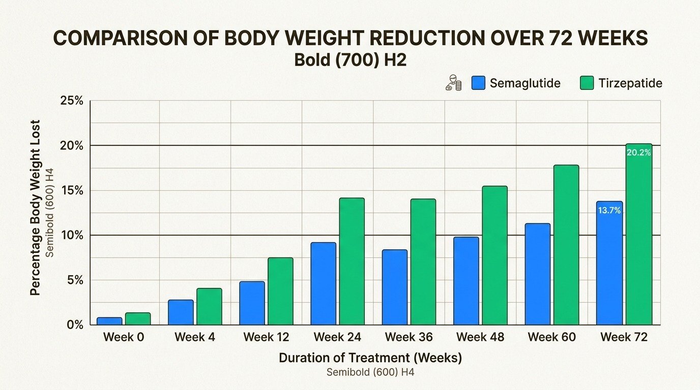 Chart comparing 20.2 percent tirzepatide weight loss versus 13.7 percent semaglutide weight loss from the SURMOUNT-5 trial