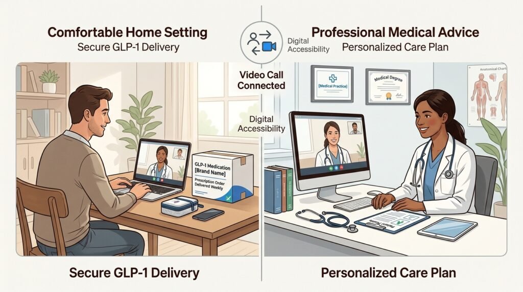 Telehealth GLP-1 consultation showing convenience vs limitations