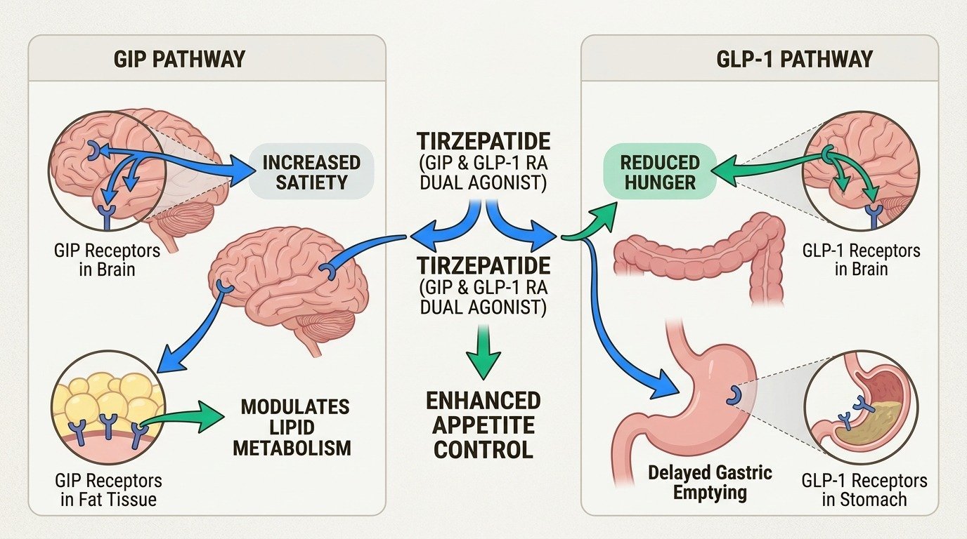 Infographic showing how tirzepatide's dual action on GIP and GLP-1 receptors regulates appetite and metabolism
