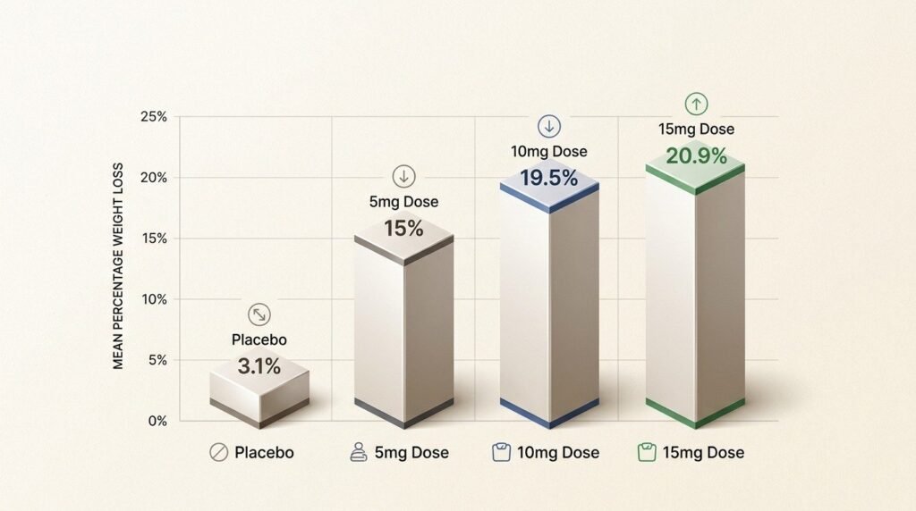 Chart visualizing the weight loss achieved by patients on tirzepatide across different doses in the 72-week SURMOUNT-1 clinical trial