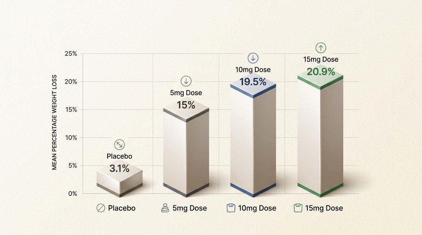 Chart visualizing the weight loss achieved by patients on tirzepatide across different doses in the 72-week SURMOUNT-1 clinical trial