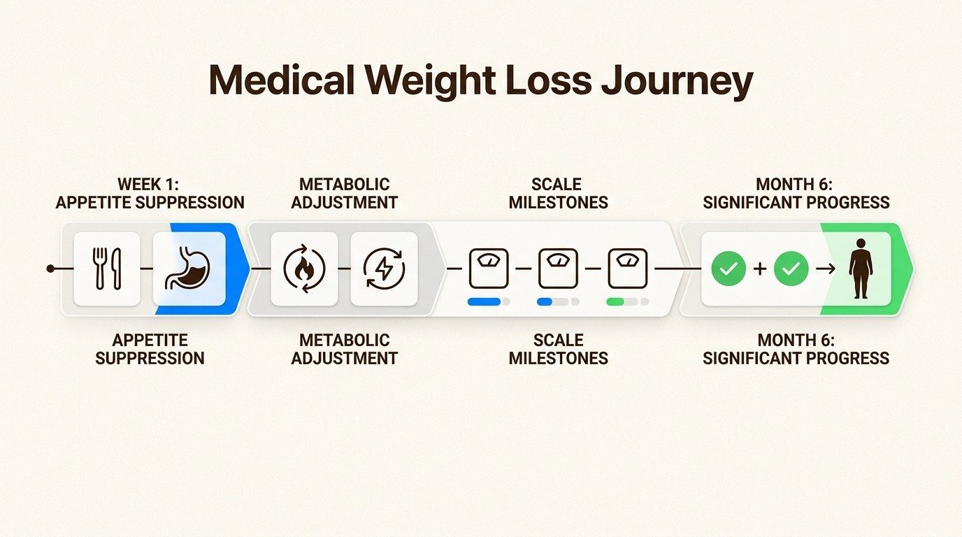 Timeline graphic showing progression of medical weight loss from appetite changes through sustainable results over several months