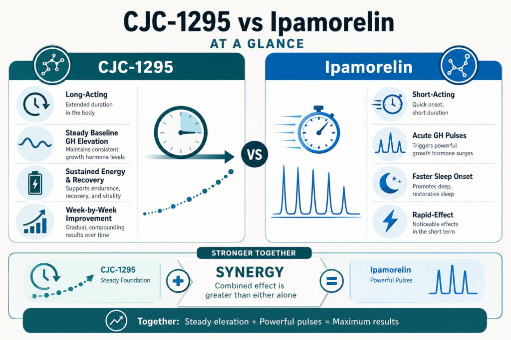CJC-1295 versus ipamorelin: long-acting baseline growth hormone elevation combined with short-acting acute pulses creates synergistic effects on sleep depth and recovery