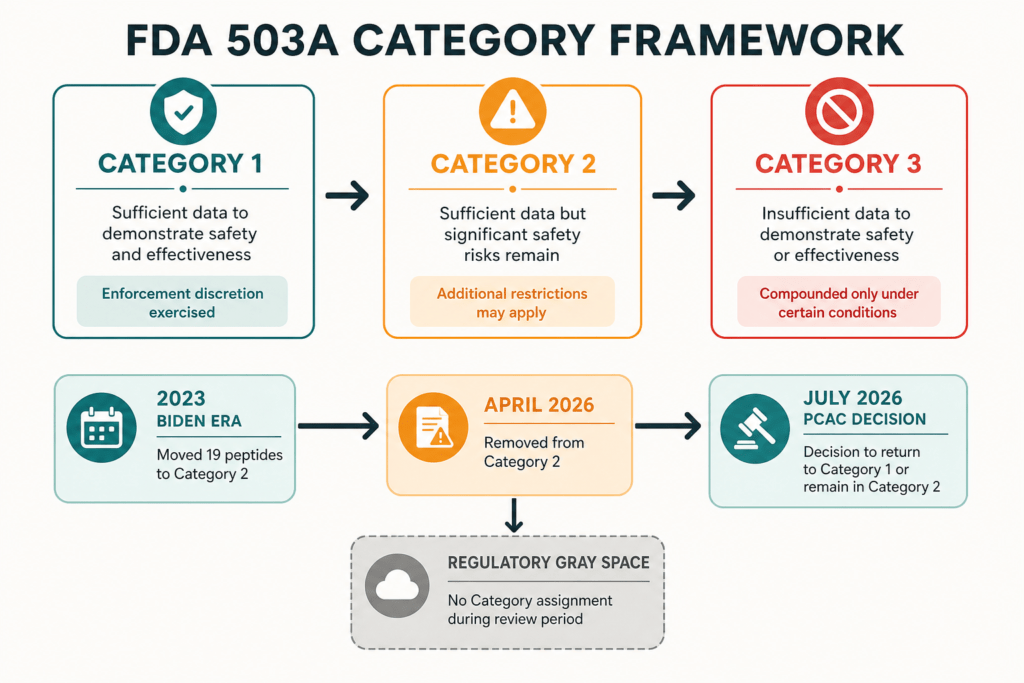 FDA 503A category framework showing Category 1, 2, and 3 definitions for peptide compounding