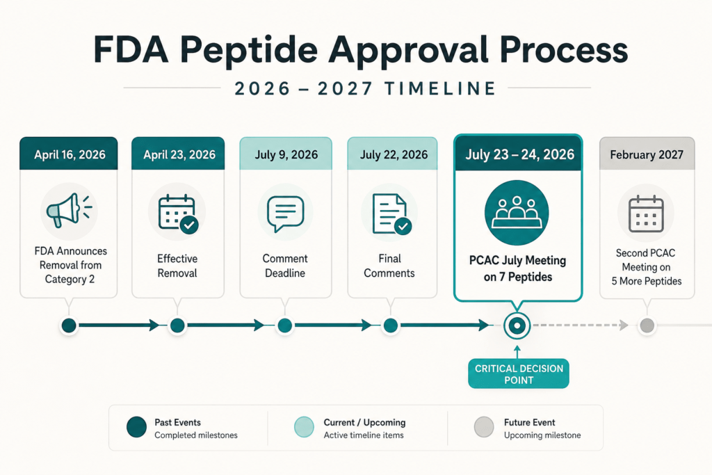 FDA peptide review timeline from the April 2026 announcement through the July PCAC meeting and February 2027 reviews