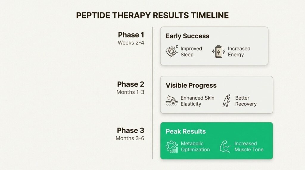 Understand the typical progression of peptide therapy results, from early improvements to peak metabolic and physical optimization.