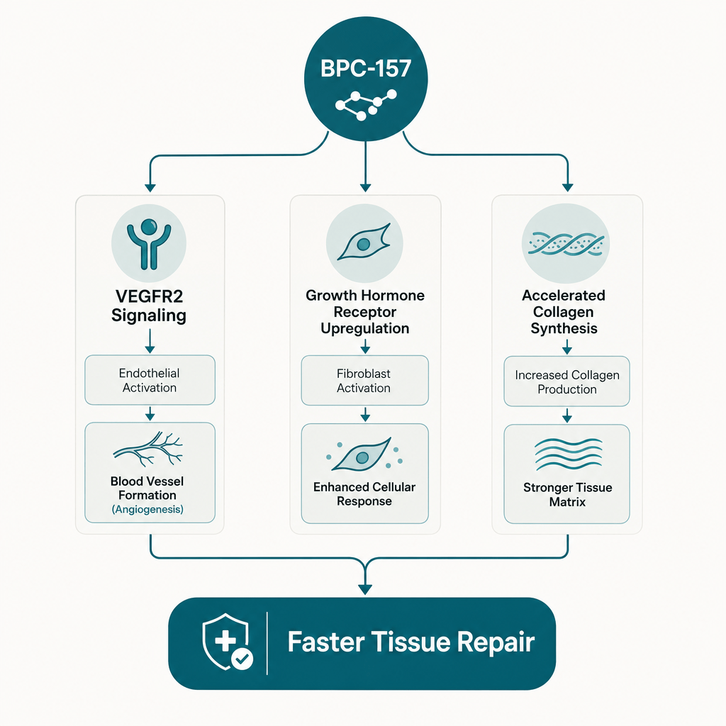 BPC-157 mechanism cascade: VEGFR2 signaling, growth hormone receptor upregulation, and collagen synthesis converging to faster tissue repair