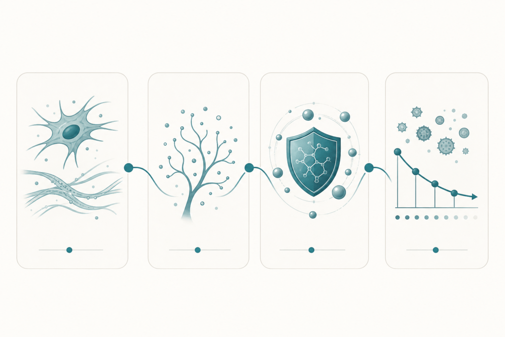 GHK-Cu cellular mechanisms: collagen synthesis, growth factor activation, antioxidant defense, and anti-inflammatory effect working together to support dermal tissue repair