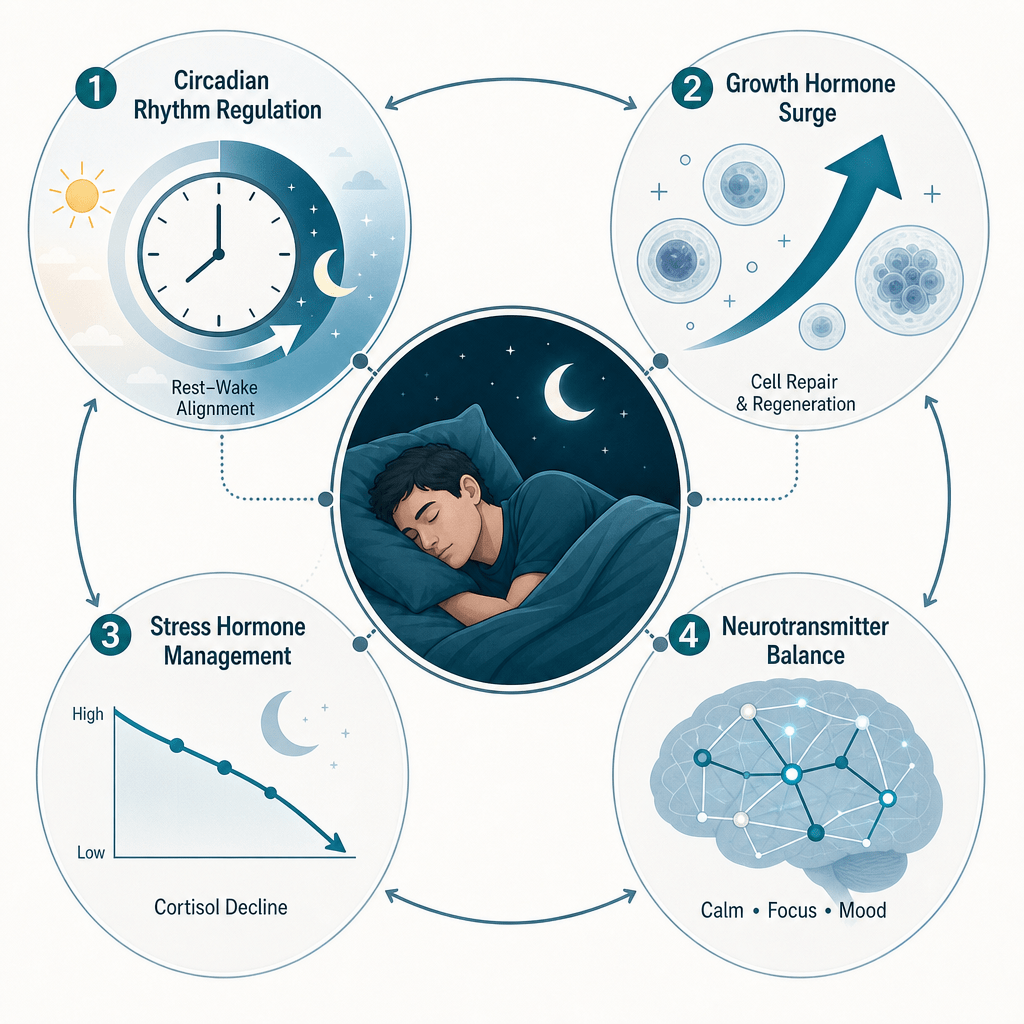 How peptides support sleep: circadian rhythm regulation, growth hormone surge, stress hormone management, and neurotransmitter balance working together