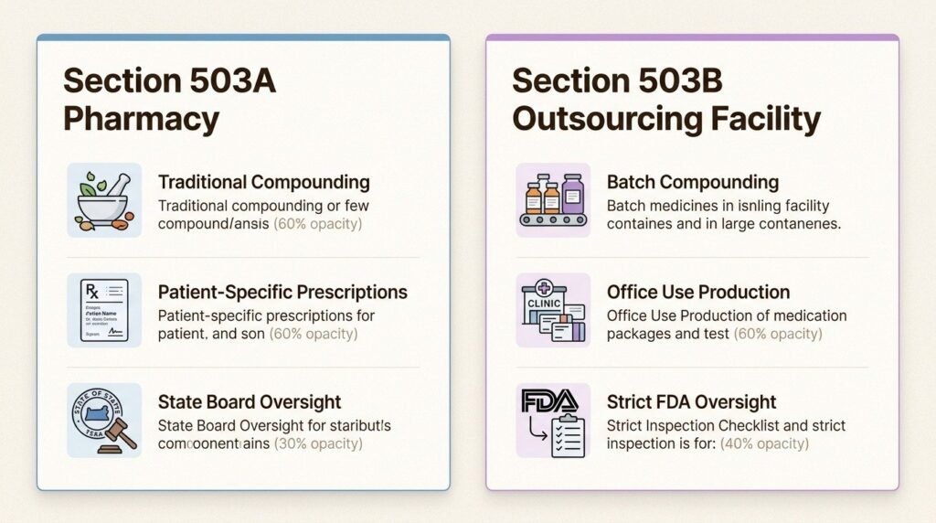 This diagram compares 503A pharmacies for individual prescriptions with 503B facilities for larger batch compounding.