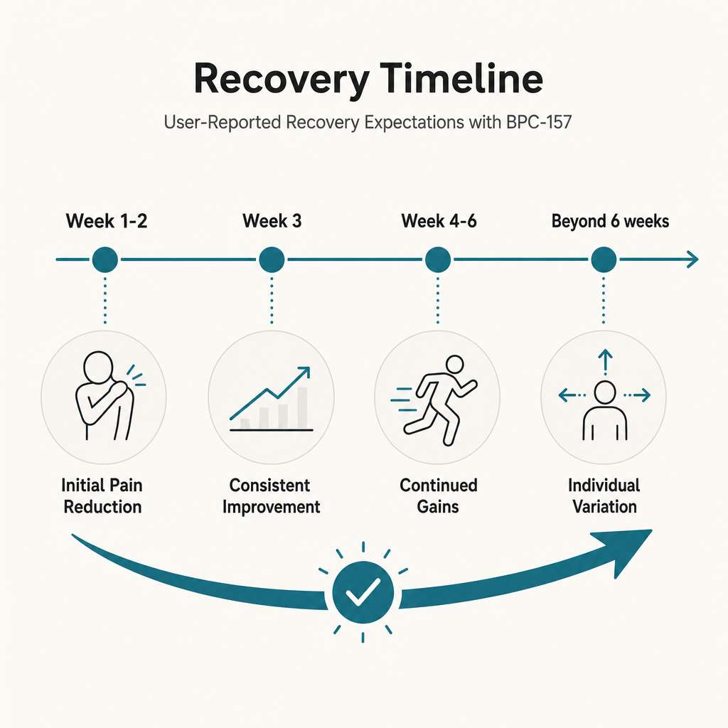BPC-157 recovery timeline: weeks 1-2 initial pain reduction, weeks 3-4 consistent improvement, weeks 4-6 continued gains, beyond 6 weeks individual variation
