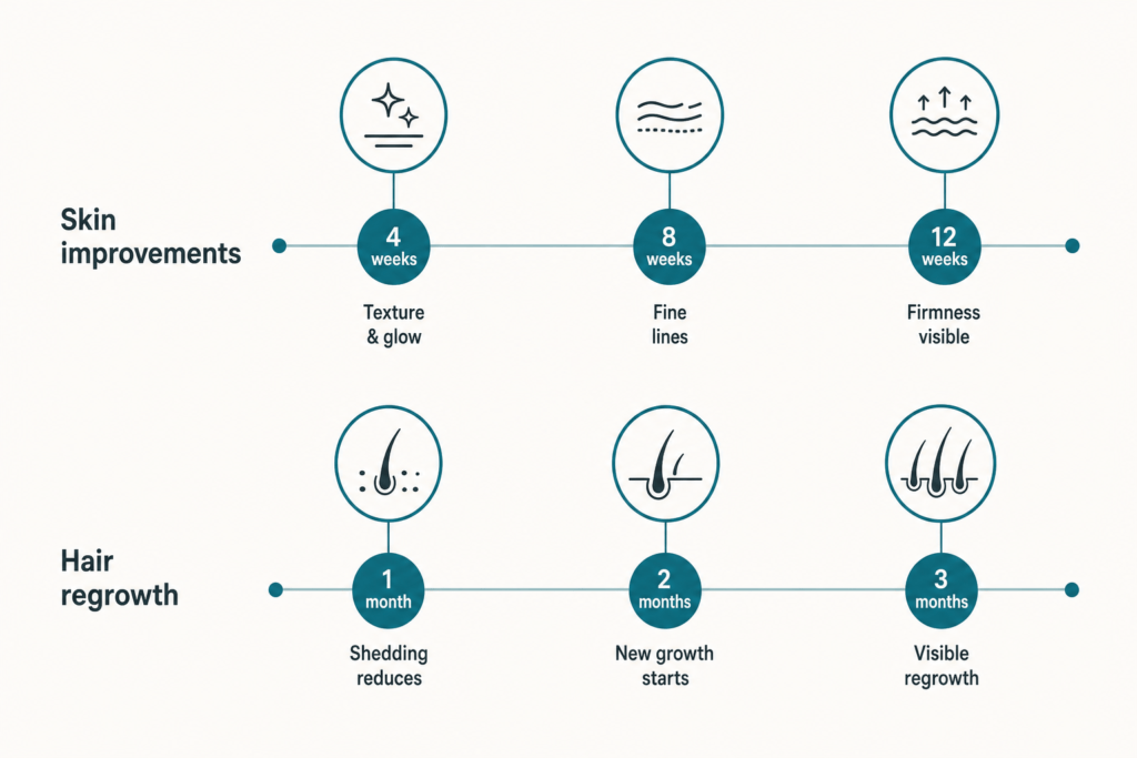 GHK-Cu skin and hair improvement timeline: skin results at four, eight, and twelve weeks; hair regrowth progress at one, two, and three months of consistent use