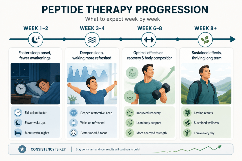 Peptide therapy timeline: weeks 1-2 faster sleep onset, weeks 3-4 deeper sleep and refreshed waking, weeks 6-8 optimal recovery and body composition, beyond 8 weeks sustained effects