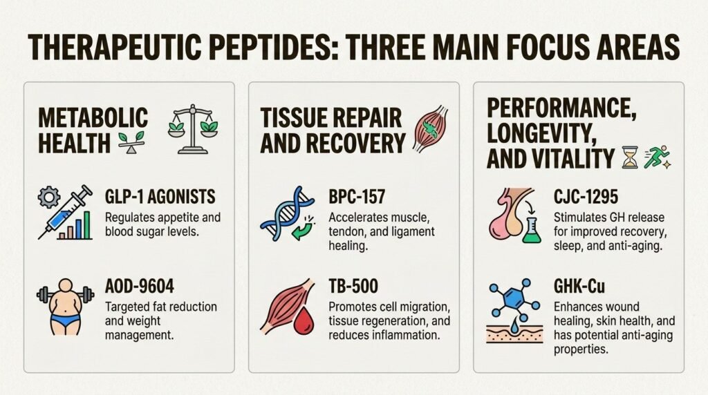 Explore the three primary categories of peptide therapy: metabolic health, tissue repair, and vitality, each targeting specific wellness goals for comprehensive benefits.