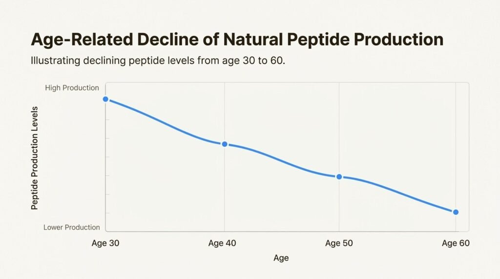 Understand how natural peptide production decreases significantly after age 30, contributing to slower recovery, reduced energy, and visible signs of aging.