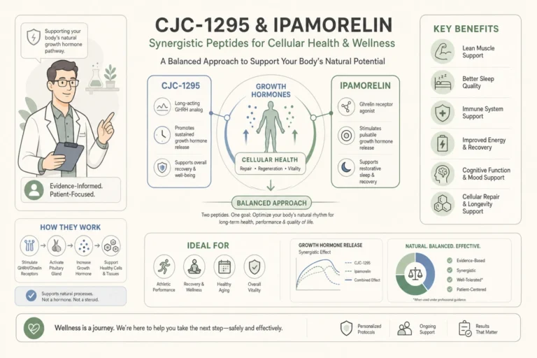 Illustration of CJC-1295 and Ipamorelin: How Growth Hormone Releasing Peptides Work in a modern medical wellness setting