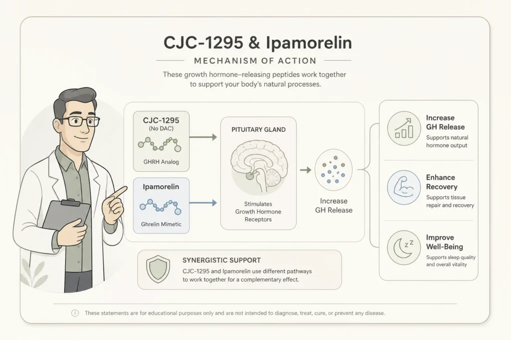 Supporting illustration for CJC-1295 and Ipamorelin: How Growth Hormone Releasing Peptides Work in a modern medical wellness setting