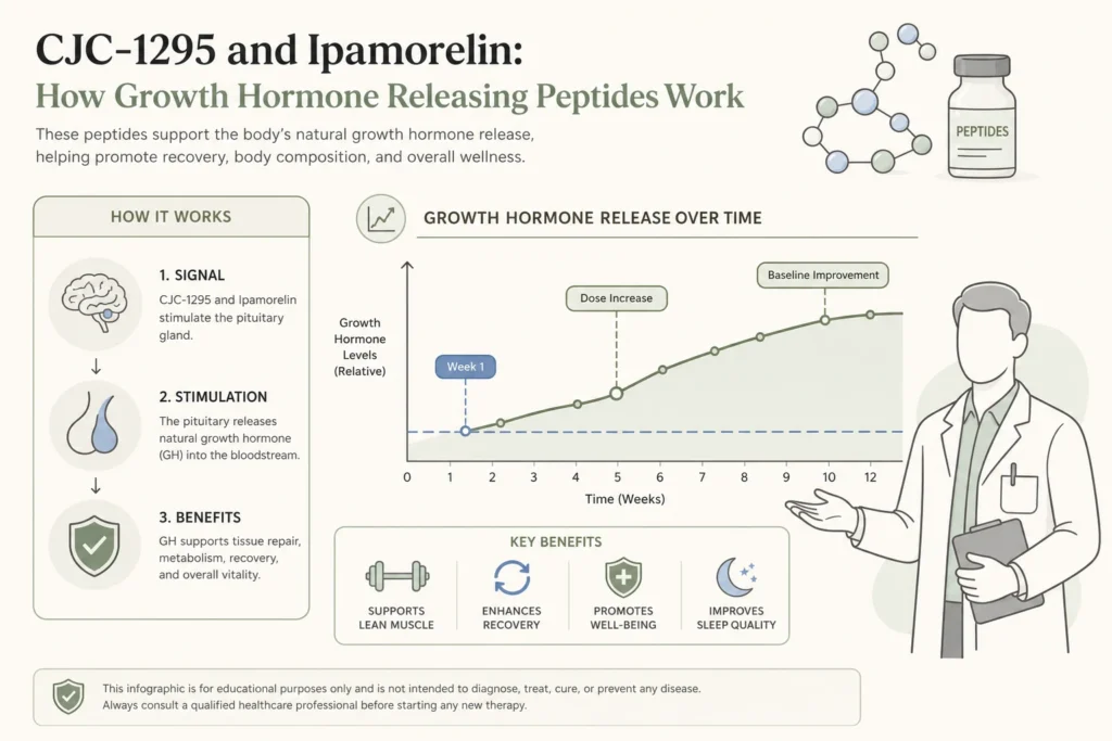 Supporting illustration for CJC-1295 and Ipamorelin: How Growth Hormone Releasing Peptides Work in a modern medical wellness setting