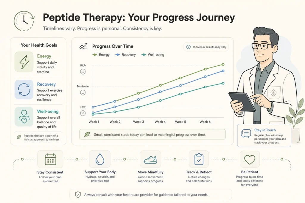 Supporting illustration for How Long Does Peptide Therapy Take to Work? Realistic Timelines by Goal in a modern medical wellness setting