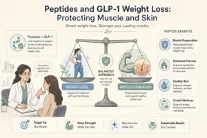 Illustration of Peptides and GLP-1 Weight Loss: Protecting Muscle and Skin in a modern medical wellness setting