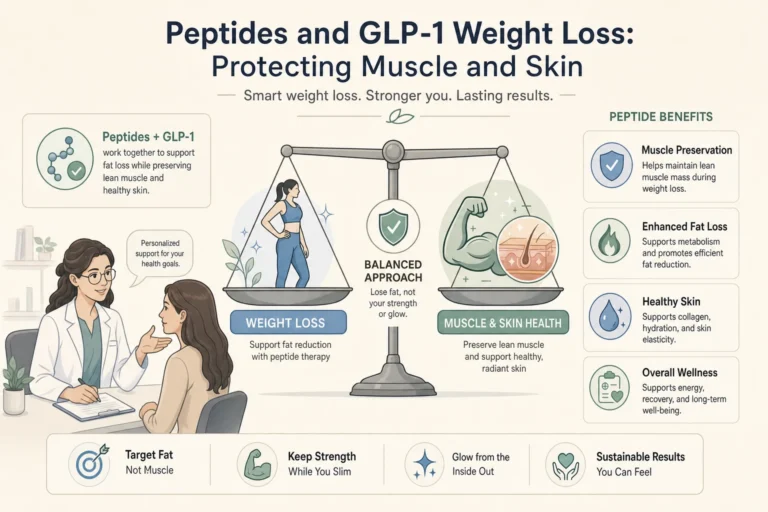 Illustration of Peptides and GLP-1 Weight Loss: Protecting Muscle and Skin in a modern medical wellness setting
