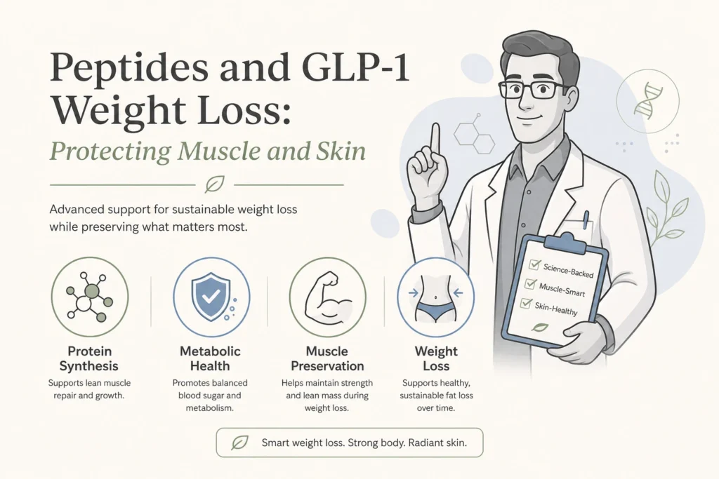 Supporting illustration for Peptides and GLP-1 Weight Loss: Protecting Muscle and Skin in a modern medical wellness setting